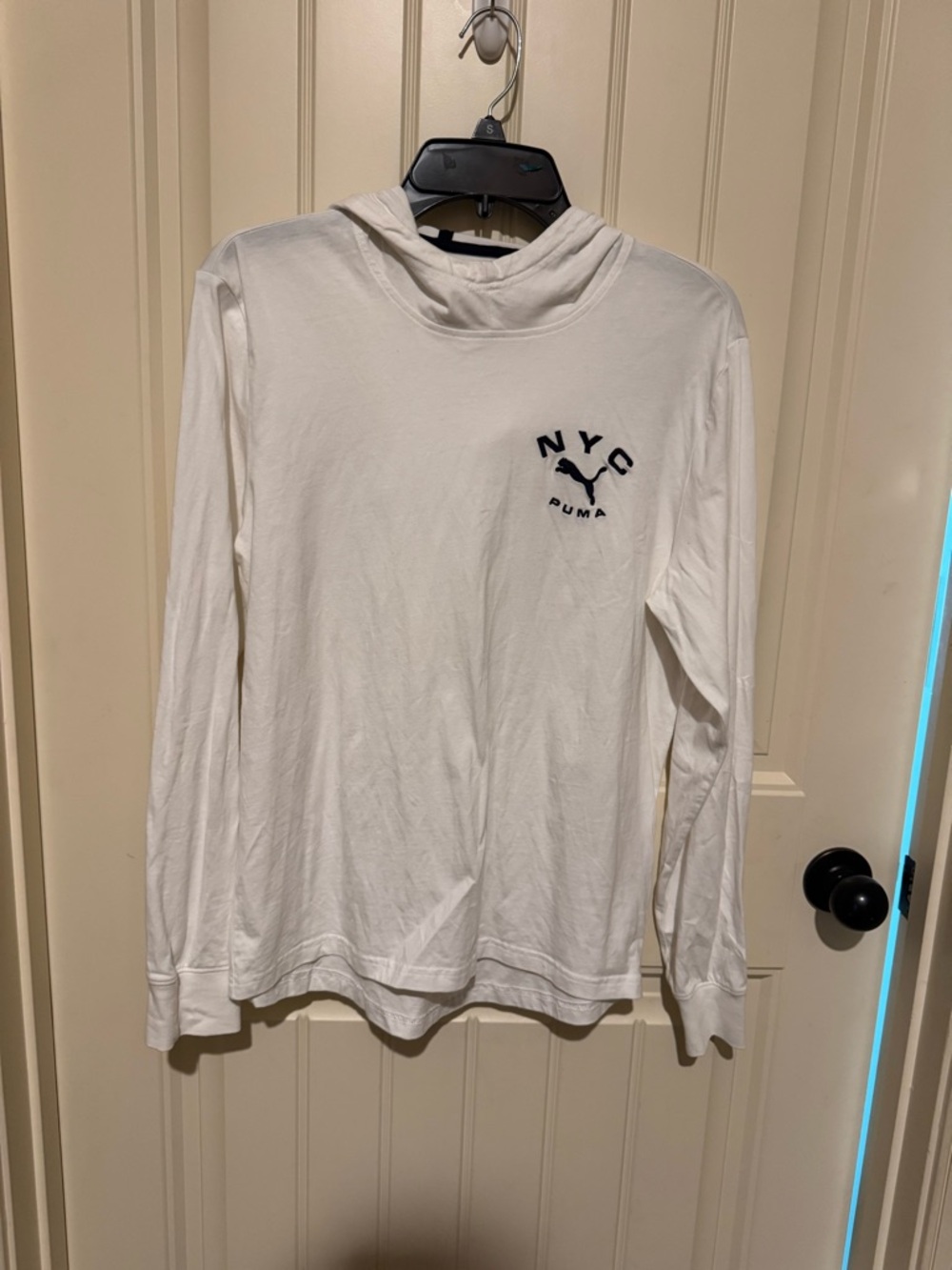 Puma White Hooded Long Sleeve Tee with Navy NYC Logo